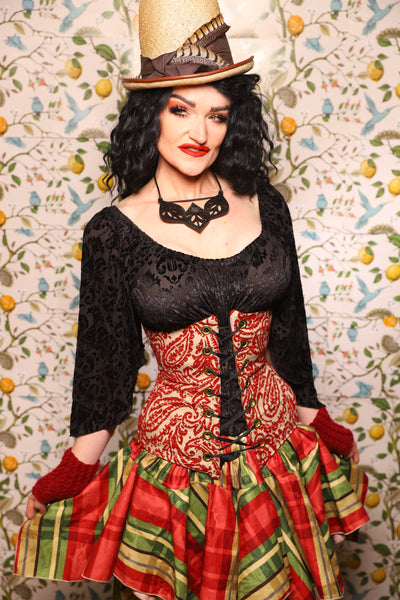 Wench Corset in Red & Cream Paisley Damask - The Wandering Minstrel Collection