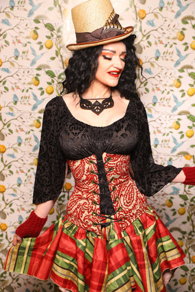 Wench Corset in Red & Cream Paisley Damask - The Wandering Minstrel Collection