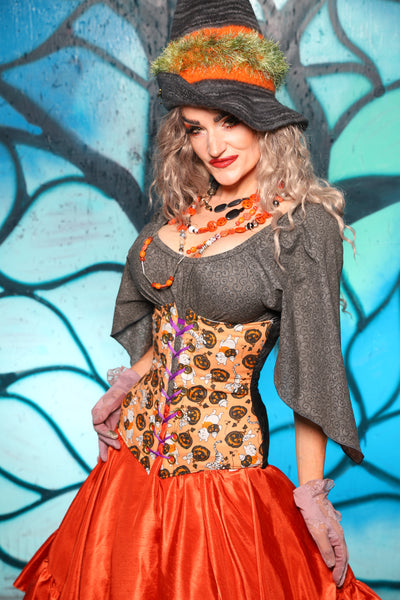 Wench Corset in Black Medallion w/ Winnie the Pooh Halloween Panels - The "Pumpkins, Screams & Corset Dreams" Collection
