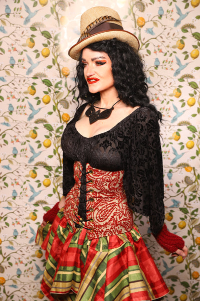 Wench Corset in Red & Cream Paisley Damask - The Wandering Minstrel Collection