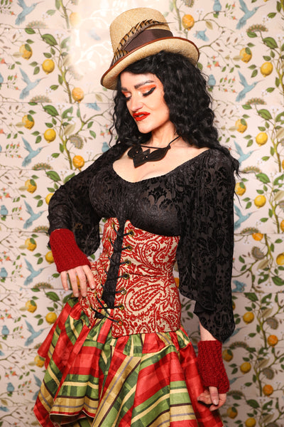Wench Corset in Red & Cream Paisley Damask - The Wandering Minstrel Collection