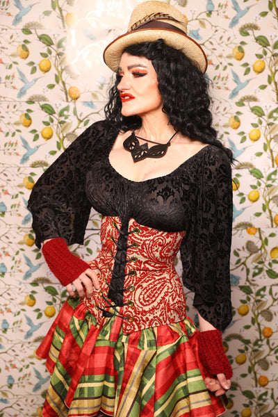 Wench Corset in Red & Cream Paisley Damask - The Wandering Minstrel Collection
