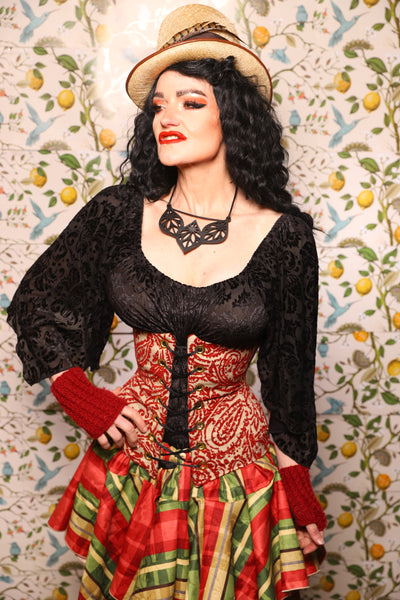Wench Corset in Red & Cream Paisley Damask - The Wandering Minstrel Collection