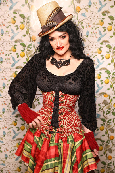 Wench Corset in Red & Cream Paisley Damask - The Wandering Minstrel Collection