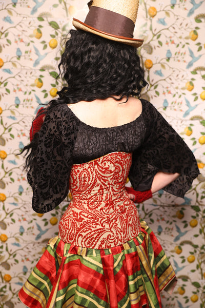 Wench Corset in Red & Cream Paisley Damask - The Wandering Minstrel Collection