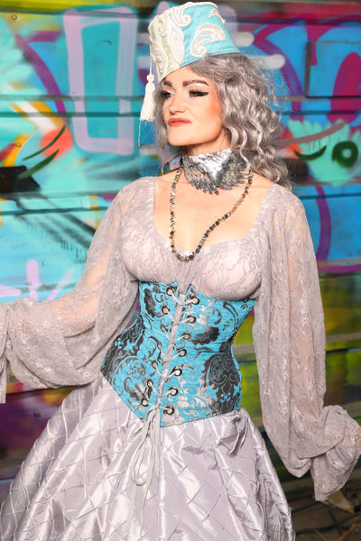70. Wench Corset in Turquoise & Silver Medallion  - The "Love at Frost Sight" Collection
