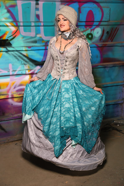 25. Double Layer Fairy Skirt in Frostwater Satin w/Teal Lace Overlay - The "Love at Frost Sight" Collection