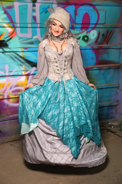 25. Double Layer Fairy Skirt in Frostwater Satin w/Teal Lace Overlay - The "Love at Frost Sight" Collection