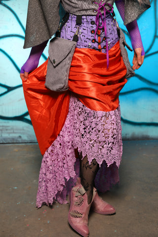 Swoon Skirt w/Lace Trim in Pumpkin Shantung - The "Pumpkins, Screams & Corset Dreams" Collection