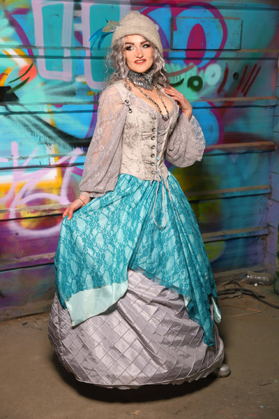 25. Double Layer Fairy Skirt in Frostwater Satin w/Teal Lace Overlay - The "Love at Frost Sight" Collection