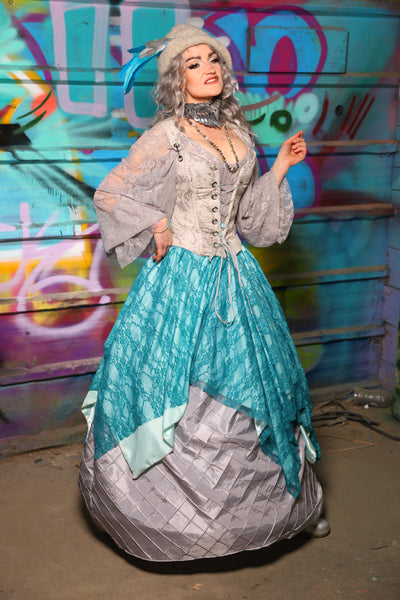 25. Double Layer Fairy Skirt in Frostwater Satin w/Teal Lace Overlay - The "Love at Frost Sight" Collection