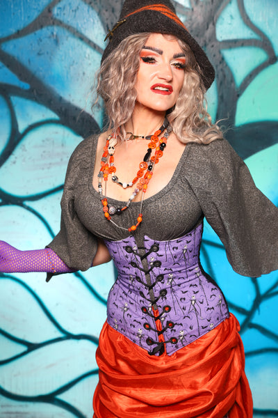 Wench Corset in Black & Purple Medallion w/Nightmare Before Christmas Purple Panel - The "Pumpkins, Screams & Corset Dreams" Collection