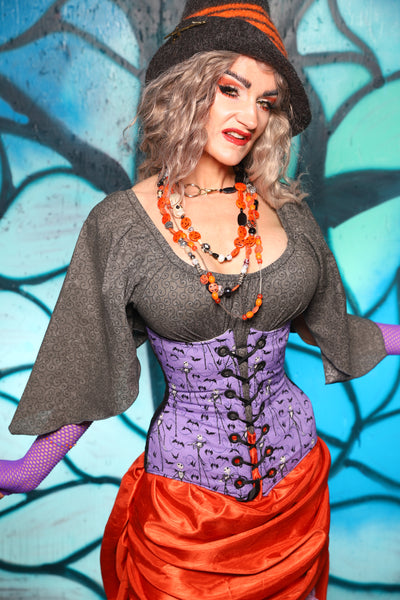 Wench Corset in Black & Purple Medallion w/Nightmare Before Christmas Purple Panel - The "Pumpkins, Screams & Corset Dreams" Collection