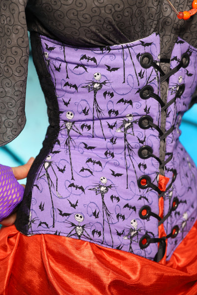 Wench Corset in Black & Purple Medallion w/Nightmare Before Christmas Purple Panel - The "Pumpkins, Screams & Corset Dreams" Collection