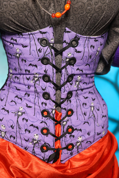 Wench Corset in Black & Purple Medallion w/Nightmare Before Christmas Purple Panel - The "Pumpkins, Screams & Corset Dreams" Collection