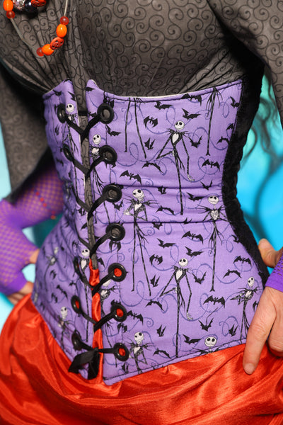 Wench Corset in Black & Purple Medallion w/Nightmare Before Christmas Purple Panel - The "Pumpkins, Screams & Corset Dreams" Collection