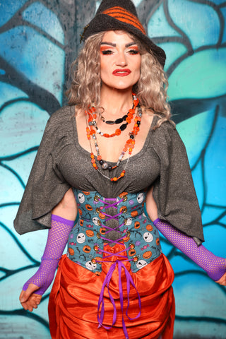 Petite Wench Corset in Black Medallion w/ Nightmare Before Christmas Blue Panel - The "Pumpkins, Screams & Corset Dreams" Collection