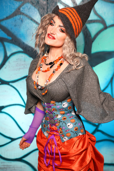 Petite Wench Corset in Black Medallion w/ Nightmare Before Christmas Blue Panel - The "Pumpkins, Screams & Corset Dreams" Collection