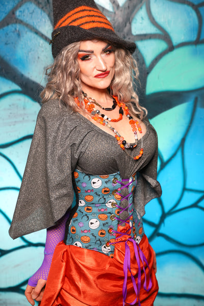 Petite Wench Corset in Black Medallion w/ Nightmare Before Christmas Blue Panel - The "Pumpkins, Screams & Corset Dreams" Collection