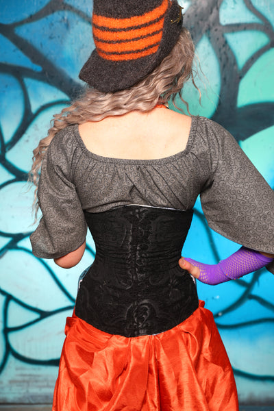 Petite Wench Corset in Black Medallion w/ Nightmare Before Christmas Blue Panel - The "Pumpkins, Screams & Corset Dreams" Collection