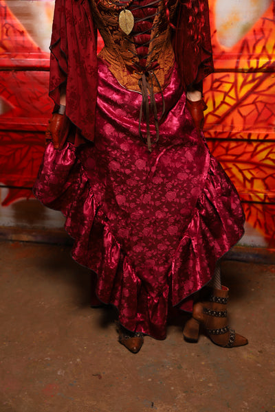 06. Arrow Skirt w/ruffle in Merlot Rose Satin - The Sensual Solstice Collection