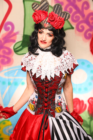 Crossfire Corset in Crimson and Pewter with Alice in Wonderland Panels - The "Twisted Tea Party" Collection