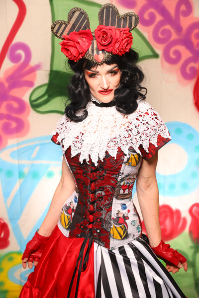 Crossfire Corset in Crimson and Pewter with Alice in Wonderland Panels - The "Twisted Tea Party" Collection