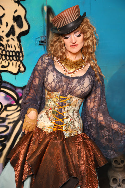 Petite Wench Corset in Skelewags w/ Soft Blue Chenille Back - The Davy Jones Collection