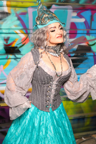 38. Petite Courtier Overbust Corset in Gray Corduroy - The "Love at Frost Sight" Collection