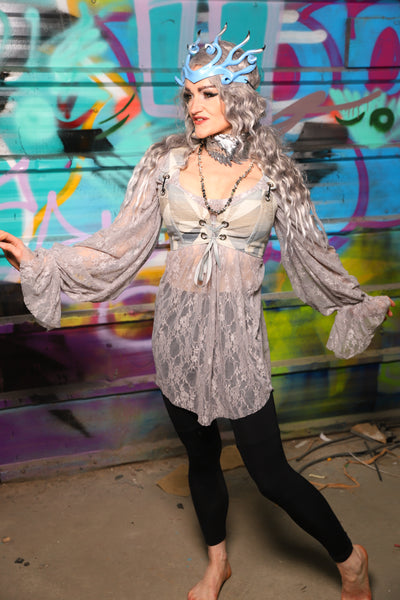 04. Classic Blouse w/Long Sleeve in Gray Stretch Lace - The "Love at Frost Sight" Collection