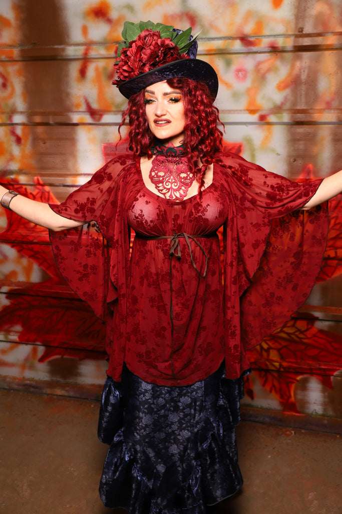 10. Classic Blouse w/waterfall sleeves in Sheer Ruby Rose - The Sensual Solstice Collection