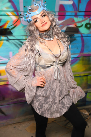 04. Classic Blouse w/Long Sleeve in Gray Stretch Lace - The "Love at Frost Sight" Collection