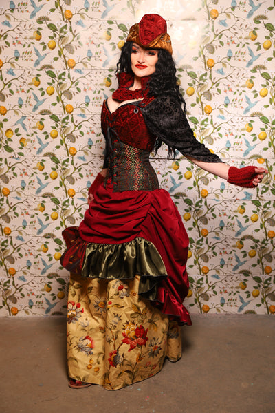 Swoon Skirt w/patchwork ruffle in Crimson Matte Reverse Crepe Satin - The Wandering Minstrel Collection