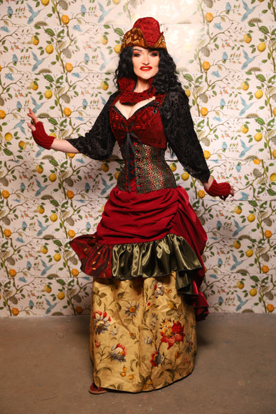 Swoon Skirt w/patchwork ruffle in Crimson Matte Reverse Crepe Satin - The Wandering Minstrel Collection