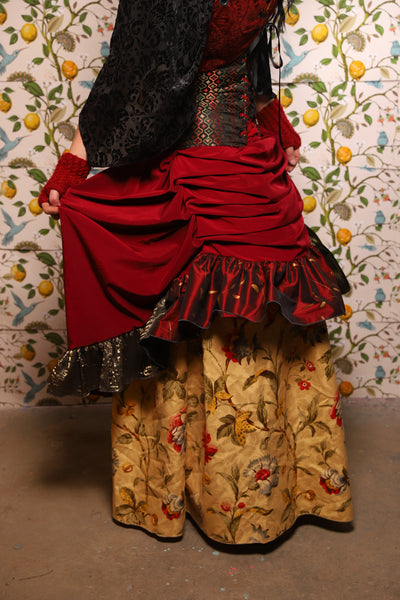 Swoon Skirt w/patchwork ruffle in Crimson Matte Reverse Crepe Satin - The Wandering Minstrel Collection