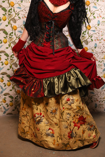 Swoon Skirt w/patchwork ruffle in Crimson Matte Reverse Crepe Satin - The Wandering Minstrel Collection