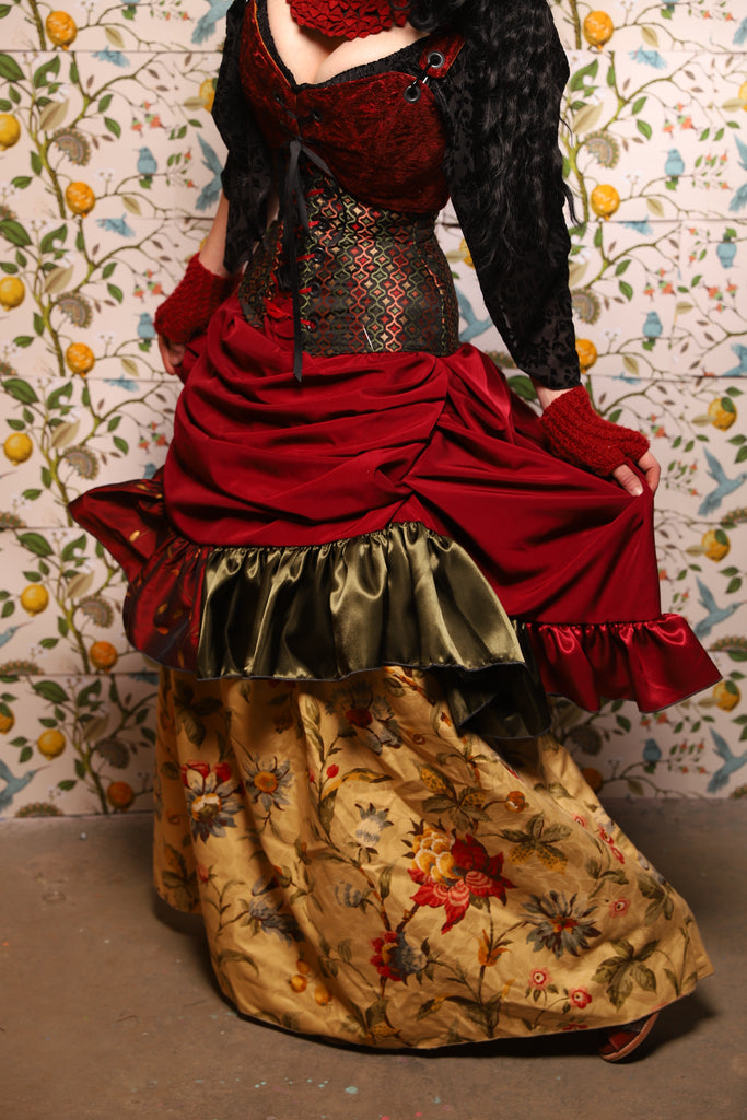 Swoon Skirt w/patchwork ruffle in Crimson Matte Reverse Crepe Satin - The Wandering Minstrel Collection