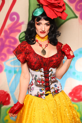 Petite Wench Corset in Black and Red Medallion w/ Alice in Wonderland Front Panel - The "Twisted Tea Party" Collection