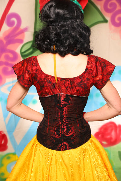 Petite Wench Corset in Black and Red Medallion w/ Alice in Wonderland Front Panel - The "Twisted Tea Party" Collection