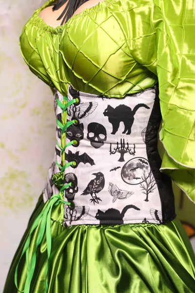 *2 VARIANTS!* Petite AND Full Length Wench Corset in Pitch Black Medallion w/The Moon & the Raven Front Panels - Spooky Saturday Part 4