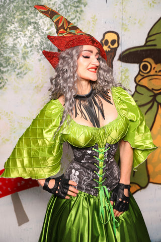 Petite Wench Underbust Corset in in Weathered Gray Canvas w/Romantic Skeletons panels - Spooky Saturday Part 4