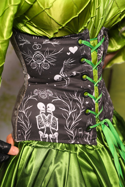 Petite Wench Underbust Corset in in Weathered Gray Canvas w/Romantic Skeletons panels - Spooky Saturday Part 4