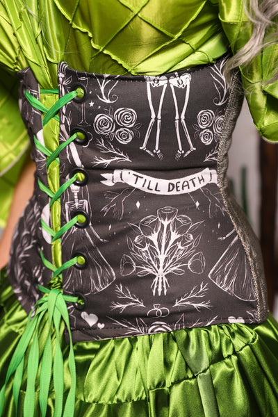 Petite Wench Underbust Corset in in Weathered Gray Canvas w/Romantic Skeletons panels - Spooky Saturday Part 4