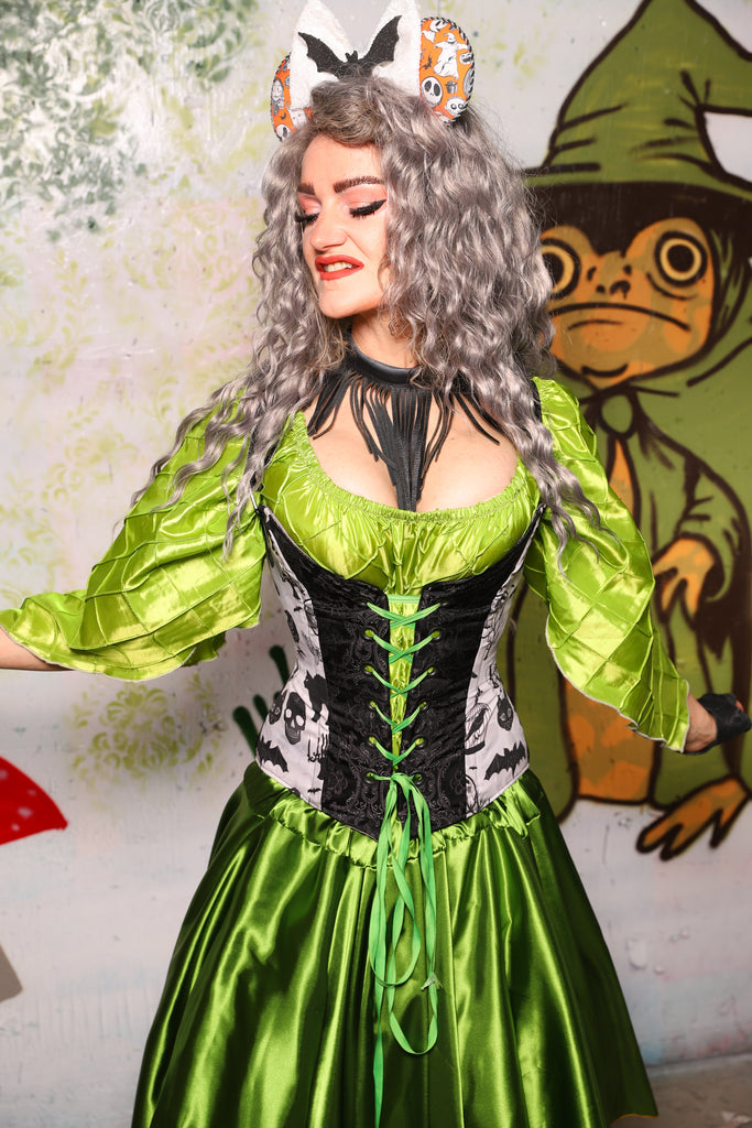 Petite Courtier Overbust in Black Filigree Jacquard w/The Moon & the Raven Front Panels - Spooky Saturday Part 4
