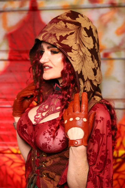 17. Detachable Hood in Gilded Leaf-work Rust Tapestry - The Sensual Solstice Collection