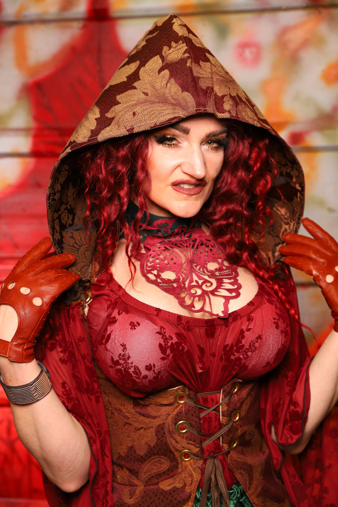 17. Detachable Hood in Gilded Leaf-work Rust Tapestry - The Sensual Solstice Collection