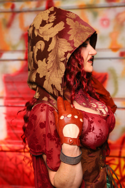 17. Detachable Hood in Gilded Leaf-work Rust Tapestry - The Sensual Solstice Collection