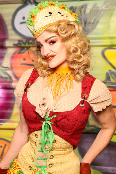 Cropped Marie Corset in Scarlet Damask - "Taco Monday! Celebrating 22 Years of Damsel"