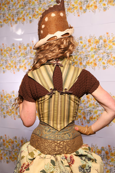 15. Cropped Fae Corset In Olive Green Stripe With Sorcerer Straps - The Leave It To Beaver Collection