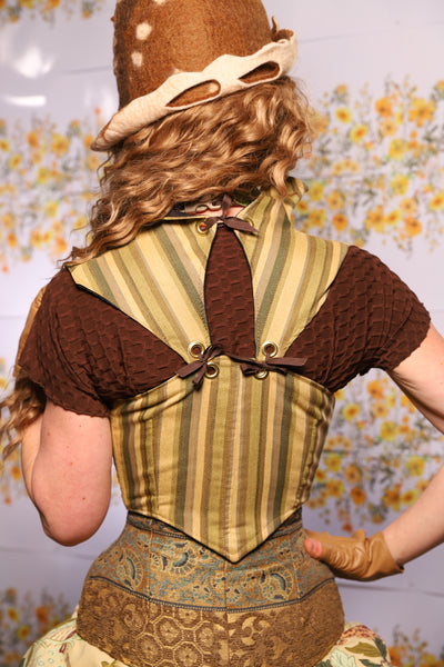 15. Cropped Fae Corset In Olive Green Stripe With Sorcerer Straps - The Leave It To Beaver Collection